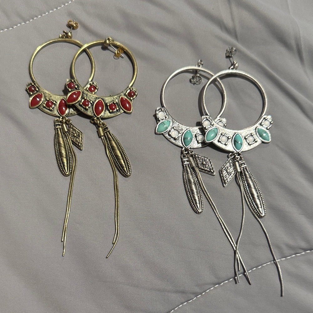 2 Pairs Free People Dangle Earrings Silver Gold Turquoise Red